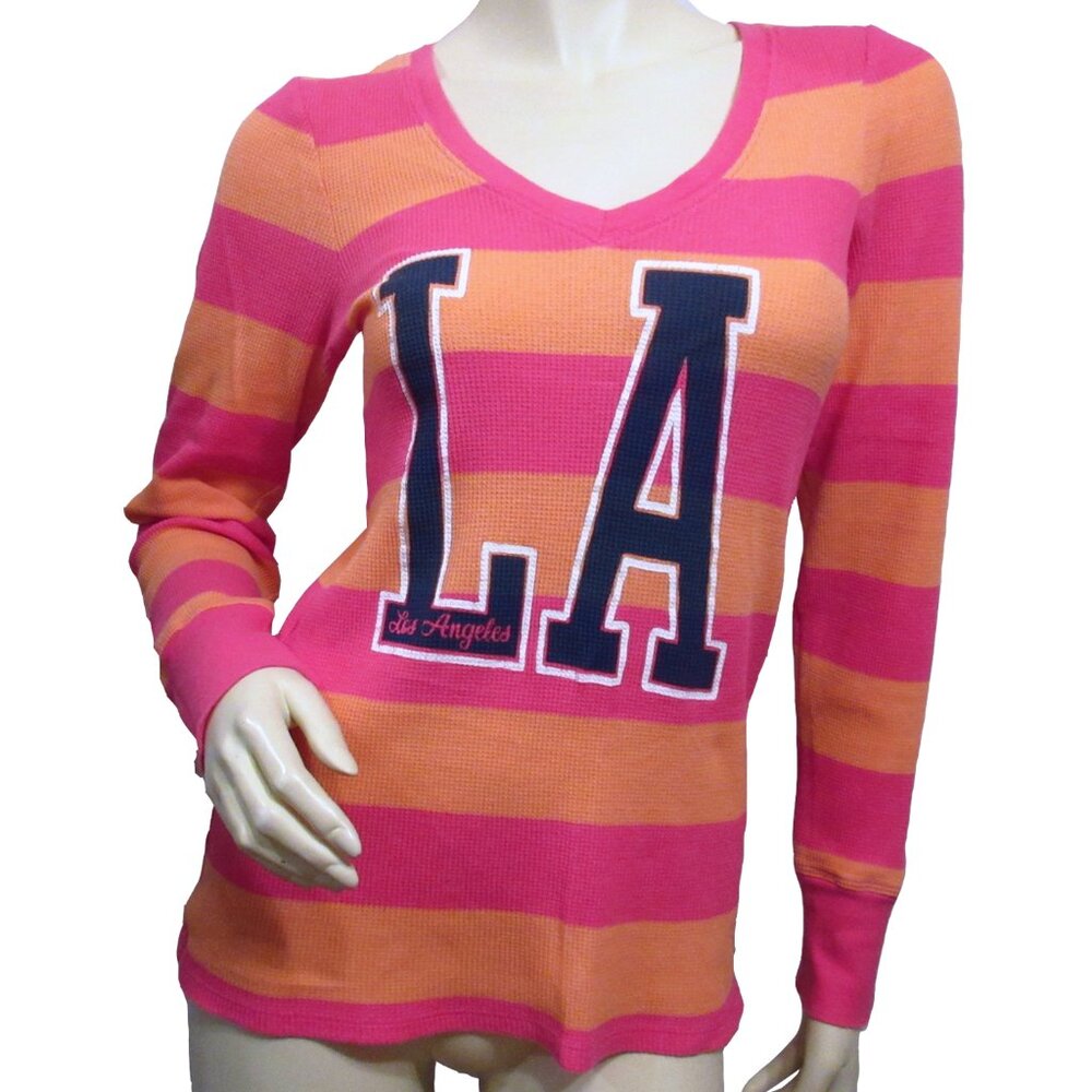 VTG Y2K Old Navy LA Pink Orange Striped Long Sleeve Knit Top S Streetwear Sporty